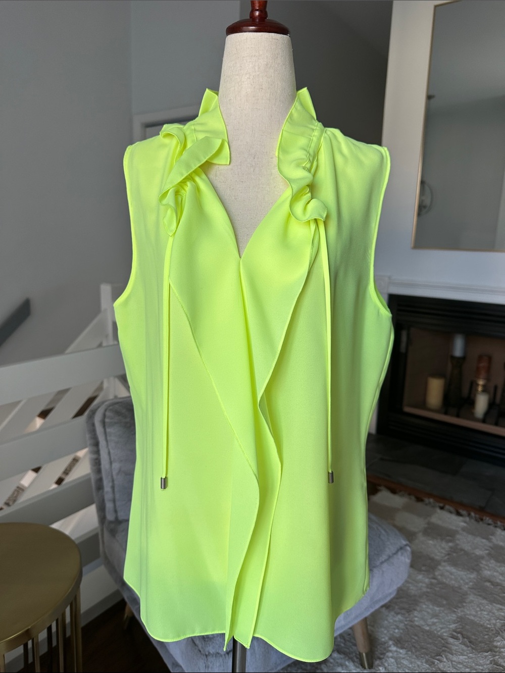 T Tahari Neon Yellow Ruffle Tie-Neck Sleeveless Blouse